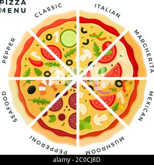 Verschiedene Arten von Pizza Scheiben Vektor-Illustration. Restaurant Pizza Menü italienisch, margarita, mexikanische, Pilz, Pepperoni, Meeresfrüchte, Pfeffer Stock Vektor