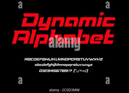 Dynamische Red Sport-Schriftart mit Zahlen und Satzzeichen, Groß- und Kleinbuchstaben. Kursiv geometrisches Alphabet, breite Schrift mit Spurs. Moderner Vektor Stock Vektor