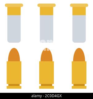 Set aus sechs Elementen, Patrone für eine Pumpe-Action-Schrotflinte, Pistolenvektor-Symbol flach isoliert. Stock Vektor