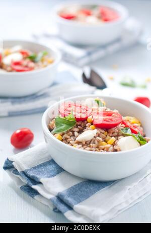 Kalte Salat aus Dinkel mit Mozzarella, Tomaten und Thunfisch Stockfoto