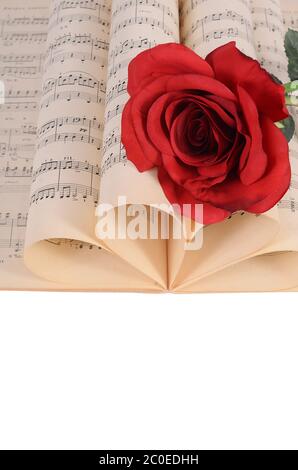 Die Rose auf Notebooks mit Noten Stockfoto