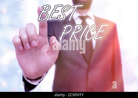 Schreibnotiz mit dem besten Preis. Geschäftskonzept für die rücksichtsvollen Kosten eines Produkts, das den Kunden gegeben wird Stockfoto