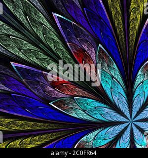 Mehrfarbige Fraktalblume auf schwarzem Hintergrund. Computergenerierte Grafiken. Stockfoto
