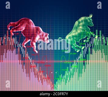 V Fortschärfungsdiagramm für Wirtschaft und wirtschaftliche Erholung und Wiedereröffnung der Märkte als ein Konjunkturkonzept für Bullen und Bären im Finanzhandel. Stockfoto