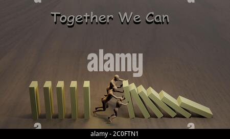 Teamwork Konzept Idee. Cartoon-Charaktere stoppen fallenden Dominos mit Text: Zusammen Wir können. 3D-Rendering-Bild Stockfoto