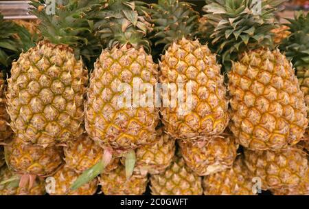 Haufen frischer reifer Ananas zum Verkauf auf dem Markt Stockfoto