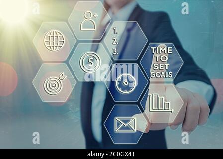 Textzeichen mit der Zeit für die Festlegung von Zielen. Business Foto Text Management Tipps Start Training Beseitigen Sie schlechte Gewohnheiten Stockfoto
