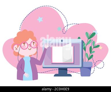 Online-Bildung, Lehrer Computer ebook Lektion, Website und mobile Schulungen Vektor Illustration Stock Vektor