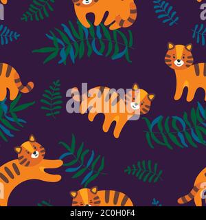 Dschungel nahtlose Muster mit niedlichen Tigern und Blättern in dunkelviolettem Hintergrund. Tropische Vektorgrafik in flachem Stil Stock Vektor