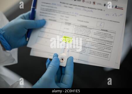 Bukarest, Rumänien - 10. Juni 2020: Details mit den Händen eines Gesundheitsbeamten, der einen schnellen Covid-19-Antikörper-Test (vergangene Infektion) hält. Stockfoto