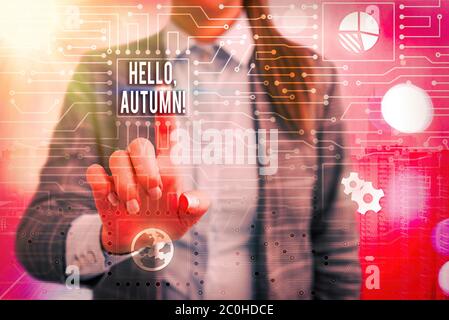 Textschild mit Hallo, Herbst. Grußtext für Geschäftsfotos, der verwendet wird, wenn der Wechsel von Sommer zu Winter angenommen wird Stockfoto