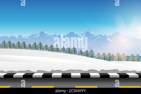 Landschaft der Straße in Schneehöden am Morgen Stock Vektor