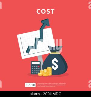 Kostengebühr Erhöhung der Ausgaben mit Pfeil steigt bis Wachstum Diagramm. Business Cash Reduction Konzept. Investment Wachstum Fortschritt mit Rechner Element in Stock Vektor