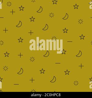 Digitales nahtloses Muster mit Mond, Sternen und geometrischen Formen. Hintergrund für Web-Design. Gold und schwarz moderne Linie Hintergrund Stock Vektor