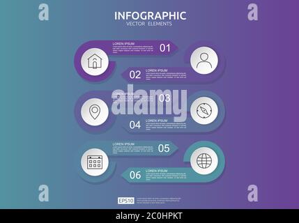 Infografik in 6 Schritten. Timeline-Design-Vorlage mit 3D-Papieretikett, integrierte Kreise. Geschäftskonzept mit Optionen. Für Inhalt, Diagramm, Flussdiagramm Stock Vektor