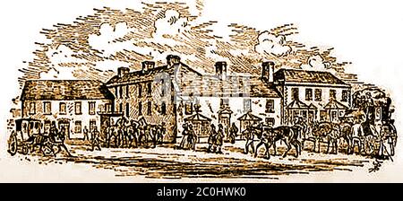 Alte Skizze des Angel Inn in Ferrybridge, Yorkshire während der Coaching-Ära. 1889 gab es 2 lebende alte Postboys, die früher mit dem Engel verbunden waren. Der ältere, George Barker, war damals 87 und James Terry, war 85. Terry arbeitete ursprünglich mit zwanzig beim Goldenen Löwen und ging danach zum Engel. Tom Varley Spitznamen Tom Groom kam aus Kent für Herrn Atkinson der Engel Vermieter für viele Jahre arbeiten, aber leider hing sich an seinem Haus in Colbert Lane. Andere Engel Postboys, die tot waren von 1889 Sam Colbert, Jimmy Watson, Tom Fagdin, und ' beefy '. Stockfoto