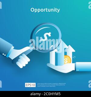 Geschäftsidee analytisches und Opportunity Research Konzept mit Wachstumsdiagramm und Lupe zur Hand. Finanzleistung der Rendite Stock Vektor