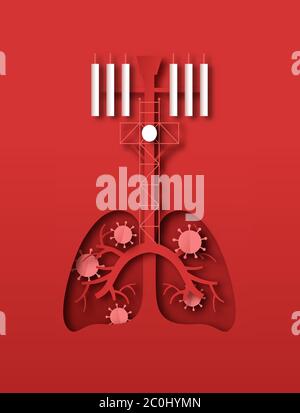 Coronavirus-Krankheit papiercut Illustration von 5g-Turm in Lungenform mit neuartigen covid-19 infiziert. Papierhandwerk medizinisches Design für gefährliche mobile Technologie Stock Vektor