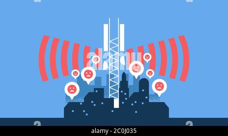 Negative Auswirkungen von 5g-Mobilfunkdatenturmwellen auf die Stadt mit wütenden oder traurigen Menschen Reaktion. Schädliches Signal von neuer mobiler Technologie, Illustration con Stock Vektor