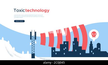 Toxische 5g-Mobilfunkdaten Tower Wellen auf Stadtbevölkerung, Landing Page Web Hintergrund Vorlage. Schädliches Signal von mobiler Technologie, Illustration conce Stock Vektor