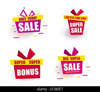 Set Farbe Banner Big Sale helle Geschenkbox sagt Verkauf nur heute. Werbeaktion im Hintergrund. Roter Bonusanhänger. Vector Banner in modernem Flachstil auf Weiß Stock Vektor