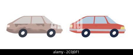 Schmutzige saubere Autos auf isoliertem weißen Hintergrund für die Autowaschanlage oder vor und nach dem Prozessergebnis. Klassische alte rote Fahrzeug flache Cartoon. Stock Vektor