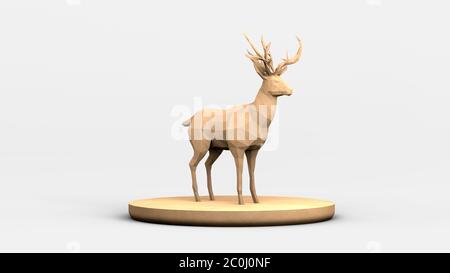 Niedrige Poly Hirsch auf einem Sockel. 3D-Rendering. Modell. Stockfoto