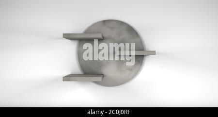 Regale auf weißen Wand, um Produkte zu zeigen. Mondkonzept. 3D-Rendering. Minimalistisch. Stockfoto
