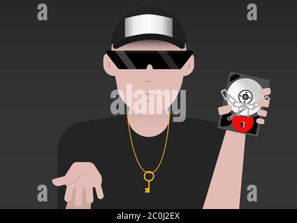 Hacker lösen die Daten auf der Festplatte verschlüsselt / die Hand greift die Festplatte, die in einer Kette eingewickelt ist und den Schlüssel gesperrt. Beschreiben Sie die Ransomware Stock Vektor