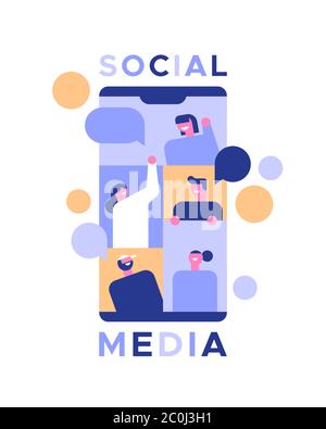 Social Media Illustration von Menschen gruppieren sich in Smartphone-App oder Freundschaft Kommunikationskonzept. Moderne flache Cartoon-Design auf isolierten Rücken Stock Vektor