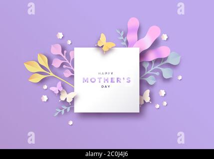 Happy Mother's Day Papier geschnitten Grußkarte Vorlage Rahmen Zeichen mit bunten modernen Papierschnitt Frühling Natur und Schmetterling Dekoration. Stock Vektor