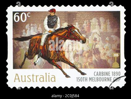 Australien - ca. 2010: einen Stempel in Australien gedruckten zeigt die Heilige, 1896 Sieger, 150 Melbourne Cup, ca. 2010 Stockfoto