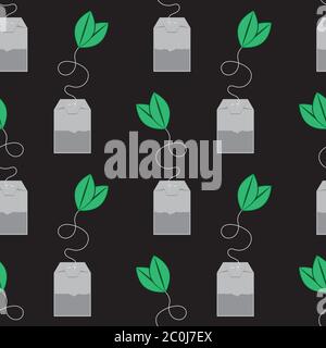 Nahtlose Muster der Teebeutel mit Blättern auf schwarzem Hintergrund. Vektorbild Stock Vektor