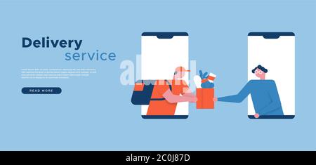 Delivery Service Web-Vorlage Illustration für Landing Page, Online-Business-Hintergrund. Lebensmittel oder Lebensmittelzulieferer auf Smartphone-App. Stock Vektor
