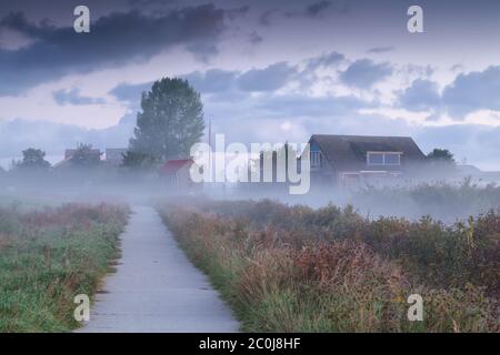 Holländisches Bauernhaus in dichtem Morgennebel Stockfoto