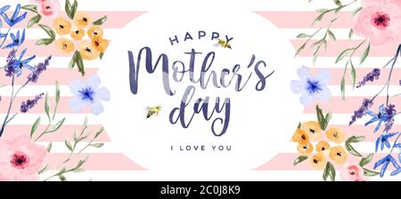 Happy Mother's Day Grußkarte Banner mit schönen handgezeichneten Aquarell Blumen und Garten Bienen. Frauen Familie Urlaub Blumen Frühling Dekoration de Stock Vektor