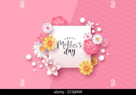 Happy Mother's Day Papier geschnitten Grußkarte Vorlage Rahmen Zeichen mit schönen rosa papercut Blume und Schmetterling Dekoration. Stock Vektor