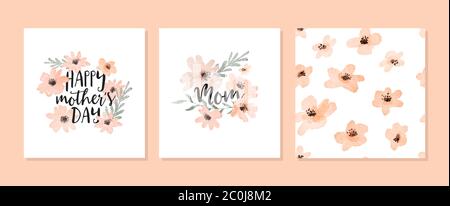 Happy Mothers Day Grußkarte Set von niedlichen rosa Aquarell Blumen Typografie Zitate und nahtlose Muster. Handgezeichneter floraler Feiertagsschriftzug mit f Stock Vektor