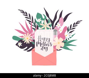 Happy Mother's day Illustration der Nachricht Umschlag öffnen mit niedlichen Mütter Urlaub Text Zitat und rosa tropische Blume Dekoration. Stock Vektor