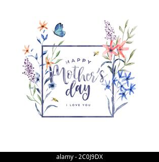 Happy Mother's Day Grußkarte Illustration von Hand gezeichnet Aquarell Blume Rahmen mit Garten Biene und Schmetterling. Vintage Stil Natur Dekoration für Stock Vektor