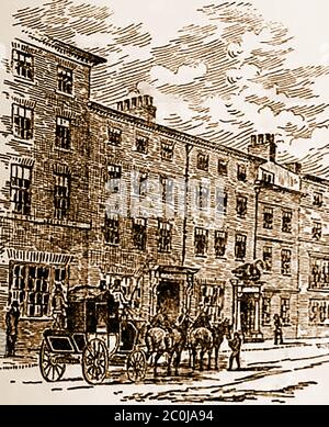 Eine alte Skizze des Black Swan, Coney Street, York, Yorkshire während der Coaching-Ära. Es teilte Stallung mit der York Tavern.Es war eine der ersten Coaching-Gasthäuser. 1701 war Herr Harding der Vermieter, als die Mails 1786 begannen, wurde er von Herrn F. Wrigglesworth geführt, der einige der alten Fleißskästen (Trainer) zusammen mit einigen anderen Besitzern hortete. Herr Wrigglesworth verließ das Haus für den George auf der gegenüberliegenden Seite der Coney Street und wurde am Black Swan von Herrn Batty gefolgt. Stockfoto