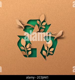 Recycling Icon Papierschnitt Illustration mit Pflanzen Blatt und Vogel Tiere. Umweltfreundliches Recycling-Symbol, Wiederverwendung Abfallkreislauf Konzept. 3d-Ausschnitt in recyceltem p Stock Vektor