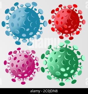 Satz von vier Coronavirus-Symbolen. Covid-19 Virus Konzept Vektor-Illustration. Blaue, rote, violette und grüne abstrakte Viruszellen. Stock Vektor