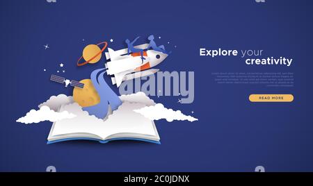 Entdecken Sie Ihre Vorlage für Ihre Landing Page-Vorlage für Kreativität. Papercut Illustration von Menschen auf Raumschiff in 3D-Papier geschnitten Stil mit Raumschiff. Kreative Ausschn Stock Vektor