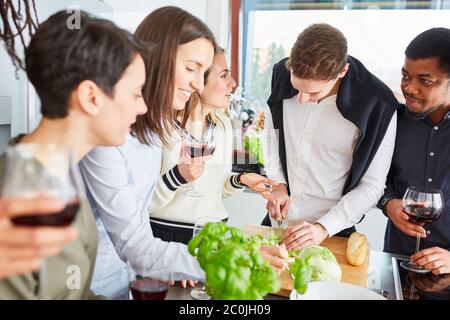 Freunde in der Küche bereiten gemeinsam Essen und Salat zum Mittagessen zu Stockfoto