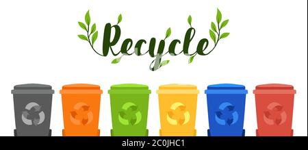 Colorful recycle bin banner illustration for recycling activity in separate eco friendly trash cans. Nature help campaign or waste reduction concept. Stock Vektor