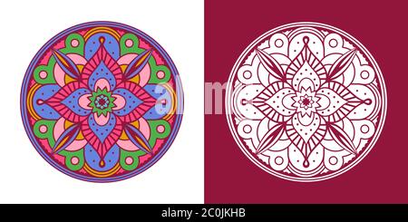 Traditionelle indische Mandala Dekoration Set mit bunten Blumenkreis und leere Ornament Umriss für Farbdruck oder ethnische Design. Stock Vektor