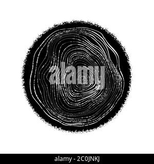 Baumringkreis in Draufsicht Handgezeichneter Stil, schwarz-weiße Scheibe Holzstamm auf isoliertem weißem Hintergrund für die Studie zur Pflanzenaltersstudie. Stock Vektor