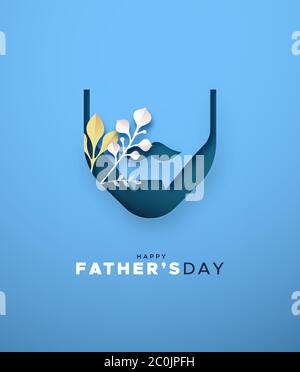 Happy Father's Day Papercut Grußkarte Illustration von Mann Bart Ausschnitt in realistischen 3D-Stil mit Natur Blatt Papier Handwerk Dekoration. Besondere Familie Stock Vektor