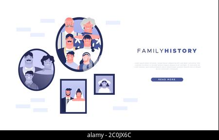 Familiengeschichte Web-Vorlage Illustration von alten Bilderrahmen und Familien Cartoon Menschen Charaktere. Lebenserinnerungen oder Genealogie Studie Landing Page bac Stock Vektor